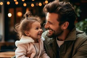 happy father and daughter hugging and smiling while spending time together outdoors. Generative AI photo