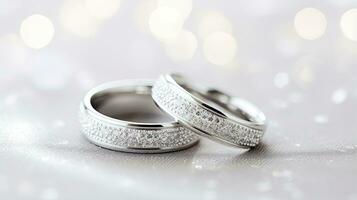 Wedding rings on a white background with sparkles and stars.  Generative AI photo