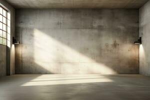 Interior of modern loft with concrete floor and panoramic windows.  Generative AI photo