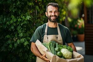 A young man carries a shopping bag full of fruits and vegetables. Food delivery service.  Generative AI photo