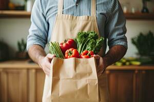 Man holding grocery shopping bag full of fresh vegetables and fruits standing in the supermarket. Food delivery service. Generative AI photo