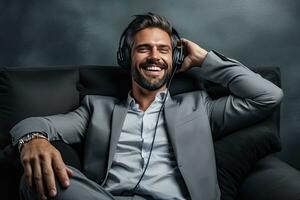 businessman Handsome young man listening to music with headphones and smiling while sitting on sofa in office. Generative AI photo