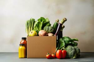 Box with fresh organic vegetables and fruits. Healthy food shopping concept. Generative AI photo