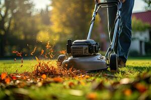 Man mowing the lawn with a lawn mower in the garden. Gardening concep. Generative AI photo