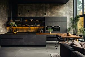 lujo cocina interior diseño con negro paredes, hormigón piso, oscuro de madera encimeras, negro armarios y comida mesa con negro sillas. generativo ai foto
