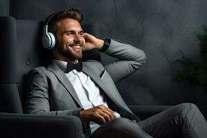 businessman Handsome young man listening to music with headphones and smiling while sitting on sofa in office. Generative AI photo