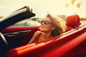 summer holidays, vacation, road trip and people concept - smiling young woman driving convertible car. Generative AI photo