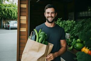 A young man carries a shopping bag full of fruits and vegetables. Food delivery service.  Generative AI photo