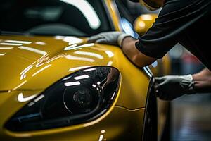 Car detailing series, Worker in protective gloves polishing a car. Generative AI photo