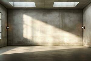 Interior of modern loft with concrete floor and panoramic windows.  Generative AI photo