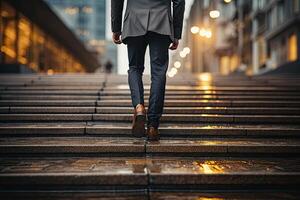 Close up young businessman feet sprinting up stairs office middle image.  Generative AI photo