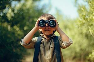 Little boy looking through binoculars in the park. Kid exploring nature.  Generative AI photo