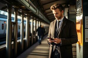 handsome businessman using smartphone while in the city. Generative AI photo