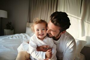 Smiling and happy father and daughter spending the weekend in a warm home. Generative AI photo