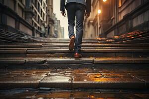 Close up young businessman feet sprinting up stairs office middle image. photo