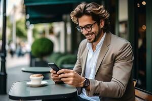 handsome businessman using smartphone while in the city. Generative AI photo