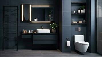 Interior of modern bathroom with blue tile walls, tiled floor, comfortable bathtub and sink with mirror. Generative AI photo