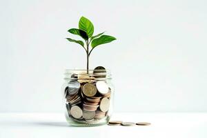 Plant growing out of coins in glass jar on white background. Saving money concept. Generative AI photo