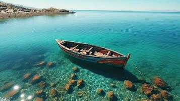 Aerial view of a wooden fishing boat in the sea, Greece. Generative AI photo