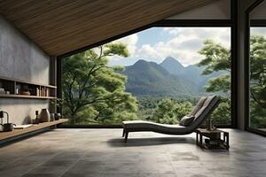 Interior of modern living room with wooden walls, concrete floor, panoramic window and mountain view. Generative AI photo