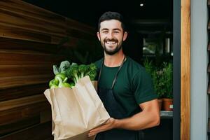 A young man carries a shopping bag full of fruits and vegetables. Food delivery service.  Generative AI photo