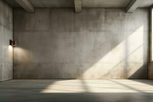 Interior of modern loft with concrete floor and panoramic windows.  Generative AI photo