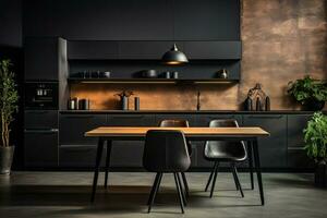 lujo cocina interior diseño con negro paredes, hormigón piso, oscuro de madera encimeras, negro armarios y comida mesa con negro sillas. generativo ai foto