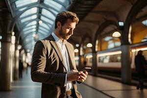 handsome businessman using smartphone while in the city. Generative AI photo