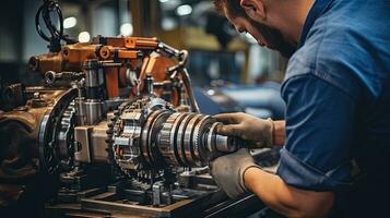 Car mechanic working in auto repair shop. Auto service industry. Automotive manufacturing. Generative AI photo