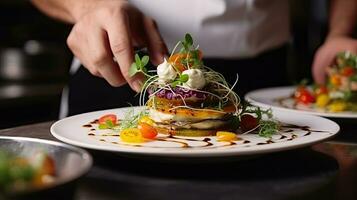 Chef decorating vegetable salad in restaurant kitchen, closeup. Generative AI photo