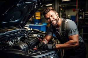 Car mechanic working in auto repair shop. Handsome young man in uniform working with car engine. Generative AI photo