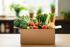 Box with fresh organic vegetables and fruits. Healthy food shopping concept. Generative AI photo