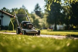 hombre siega el césped con un césped cortacésped en el jardín. jardinería concepto generativo ai foto