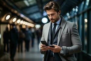 handsome businessman using smartphone while in the city. Generative AI photo