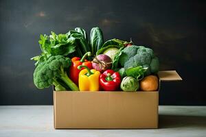 Box with fresh organic vegetables and fruits. Healthy food shopping concept. Generative AI photo