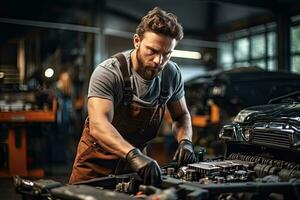 coche mecánico trabajando en auto reparar tienda. hermoso joven hombre en uniforme trabajando con coche motor. generativo ai foto