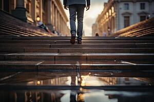 Close up young businessman feet sprinting up stairs office middle image. photo