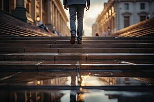 Close up young businessman feet sprinting up stairs office middle image.  Generative AI photo