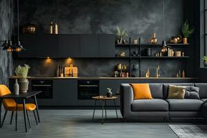 lujo cocina interior diseño con negro paredes, hormigón piso, oscuro de madera encimeras, negro armarios y comida mesa con negro sillas. generativo ai foto