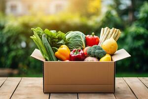 Box with fresh organic vegetables and fruits. Healthy food shopping concept. Generative AI photo