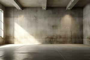 Interior of modern loft with concrete floor and panoramic windows.  Generative AI photo