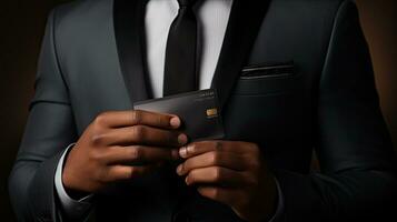 Businessman holding credit card on dark background, closeup. Online shopping. Generative AI photo