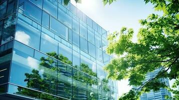 Modern office building with green leaves. Bottom view of modern office building with green leaves. Generative AI photo