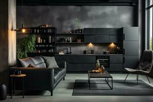 lujo cocina interior diseño con negro paredes, hormigón piso, oscuro de madera encimeras, negro armarios y comida mesa con negro sillas. generativo ai foto