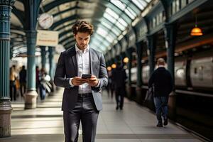 handsome businessman using smartphone while in the city. Generative AI photo
