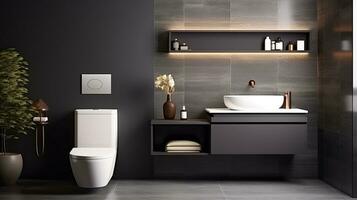 Interior of modern bathroom with blue tile walls, tiled floor, comfortable bathtub and sink with mirror. Generative AI photo