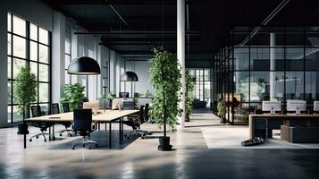 Interior of modern open space office with black walls, concrete floor, rows of computer tables and glass doors.  Generative AI photo