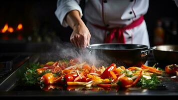 Chef is preparing food ingredients on a wooden board in a restaurant kitchen. Generative AI photo
