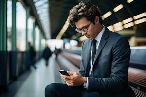 handsome businessman using smartphone while in the city. Generative AI photo