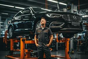 selective focus of handsome auto mechanic in uniform repairing car in auto repair shop. Generative AI photo